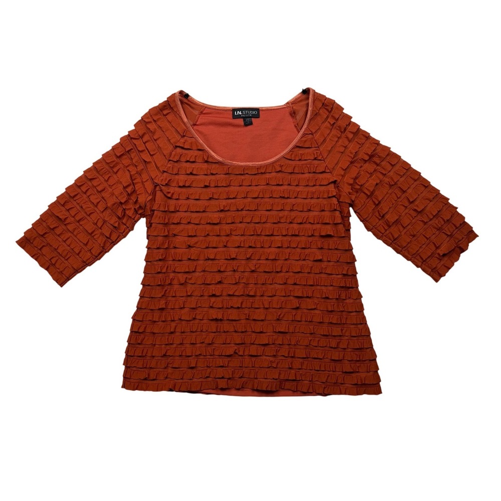 Y2K I.N. Studio Petite Rust Orange Ruffle Top 3/4 Sleeve PL